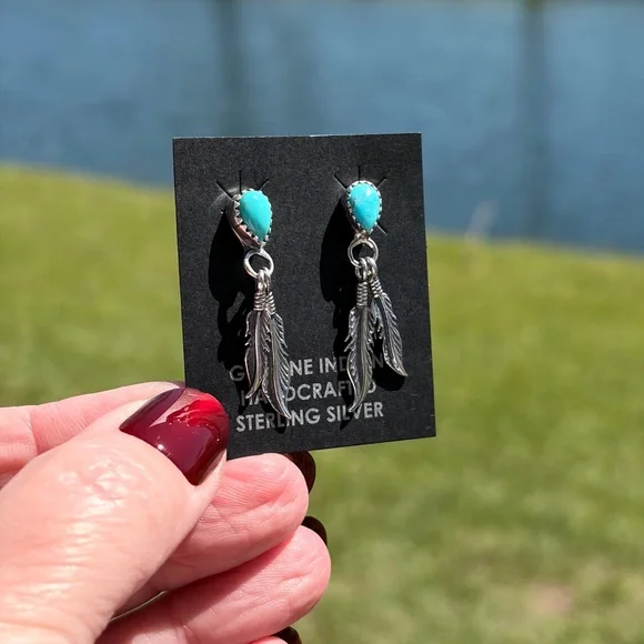 Native American Made Sterling Turquoise Feather Earrings - Picture 7 of 8